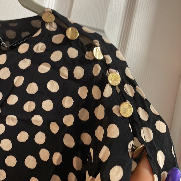 Zara polka dot 3/4 sleeves mini Fit Flare dress gold buttons down one arm  XS - Picture 6 of 12